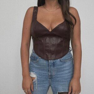 Bardot Brown Faux Leather Corset Top - Y2K Vegan Leather Bustier, Women XS